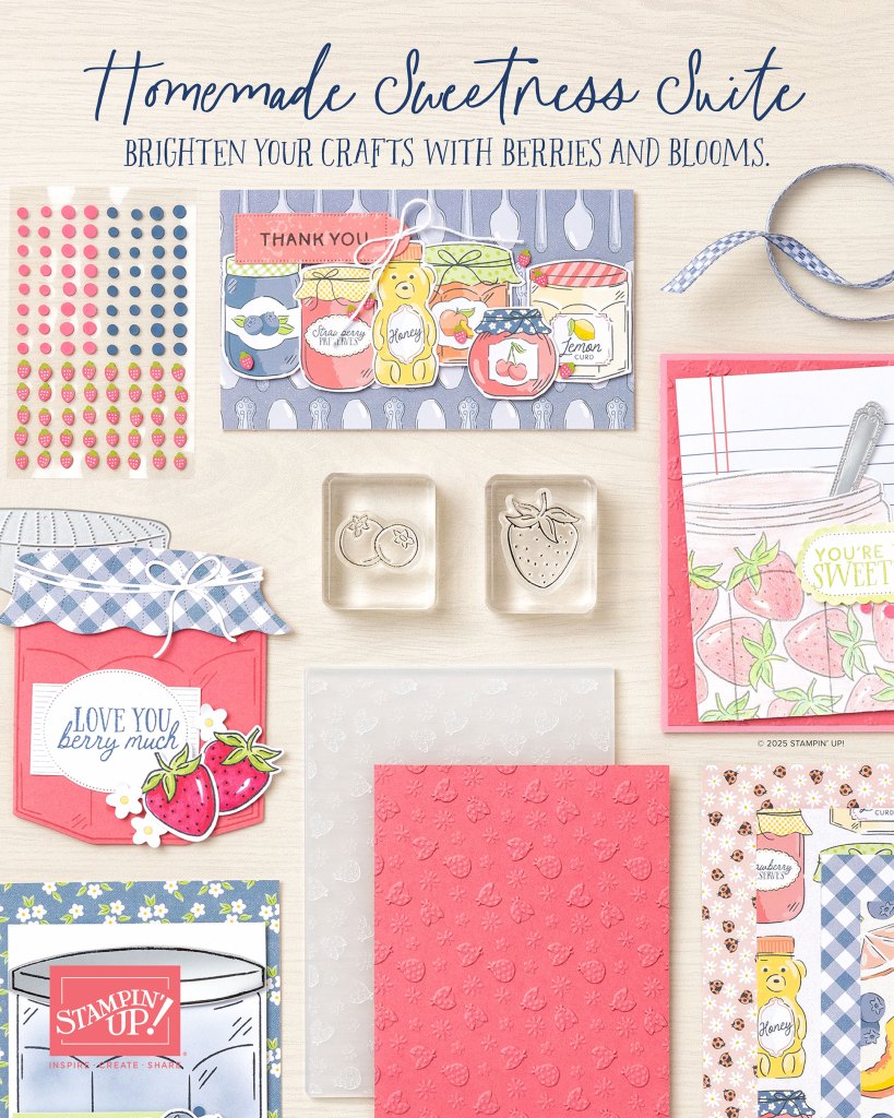 Display of crafting materials from the Homemade Sweetness Suite, featuring colorful cards, stamp sets, and decorative elements themed around berries and blooms.